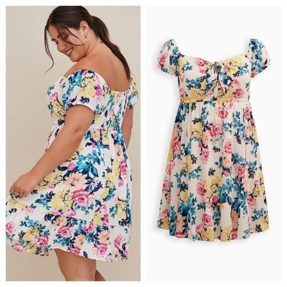 Torrid White Floral Mini Gauze Puff Sleeve Skater Dress - Picture 1 of 4